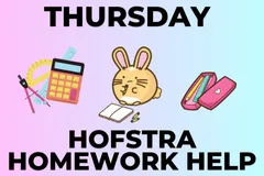 clip art of homework supplies and a bunny doing homework against a light pink to light blue gradient background with the text Thursday Hofstra Homework Help at the bottom