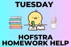 clipart of a baby chick writing in a book with a stack of books and a cup of pens and pencils against a light blue to light pink gradient background with the text Tuesday Hofstra Homework Help at the bottom