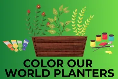 clip are of various paint colors and a planter with plants in it against a dark green to light green gradient background with the text Color Our World Planters