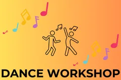clip art of music notes and people dancing against a yellow to orange gradient background with the text Dance Workshop at the bottom