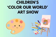 'children's color our world art show' text against a green and blue gradient background with clip art