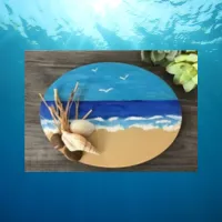 a beach scene on a slice of wood