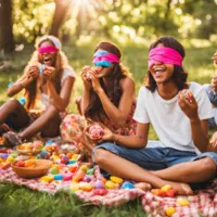 teens blindfolded surrounded by candy