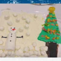candy and frosting made to look like a snowman and tree