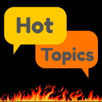 The words hot topics in speech bubbles with fire on the bottom